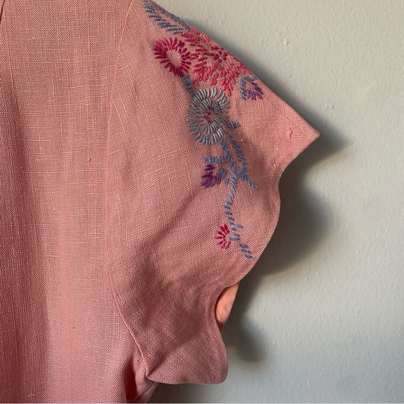 Vintage 50s pink linen short sleeve dress floral flower embroidery detail XS S - Picture 12 of 16